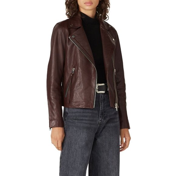 All Saints Dalby Dark Red Leather Long Sleeve Biker Jacket Women's Size 6 - Picture 2 of 15